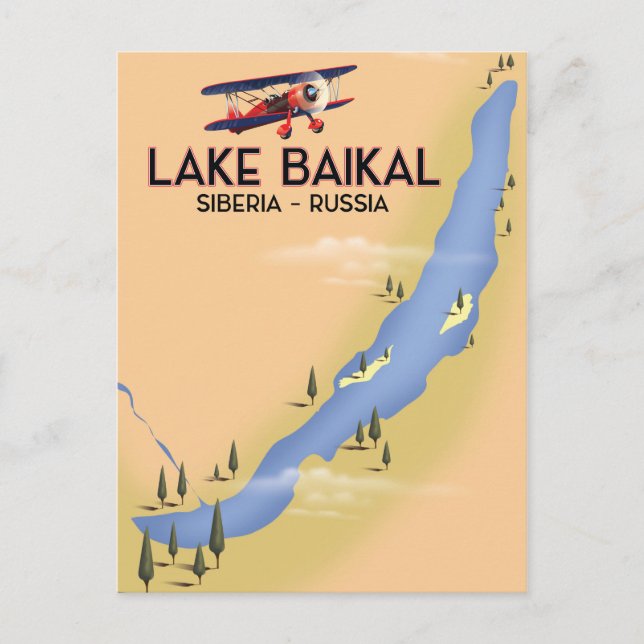 Postal Mapa de afiches de viajes rusos en el lago Baikal  (Anverso)