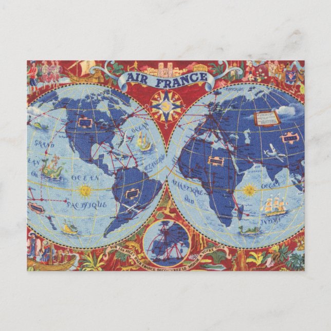Postal Mapa de Air France del mundo (Anverso)