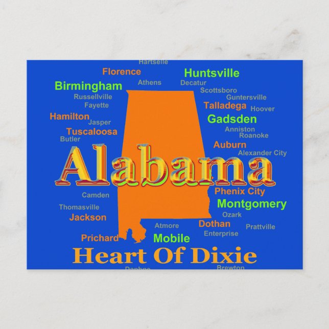 Postal Mapa de Alabama Silhouette Pop Art (Anverso)