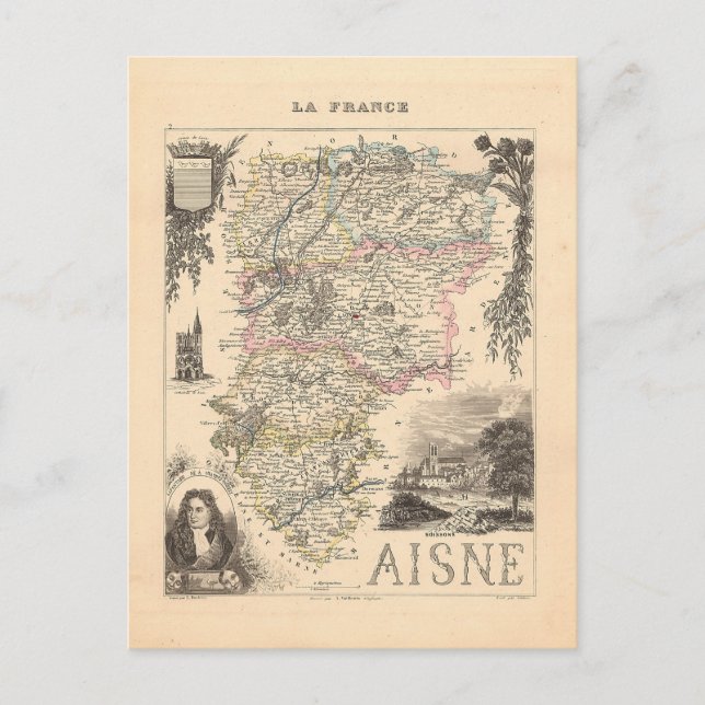 Postal Mapa de Alexandre Vuillemin del Departamento de Ai (Anverso)