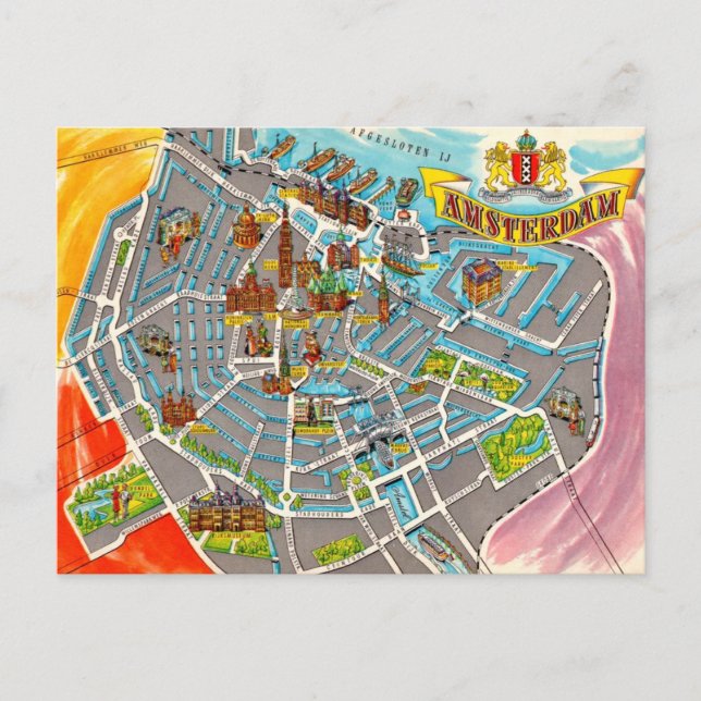 Postal Mapa de Ámsterdam ilustrado de época (Anverso)