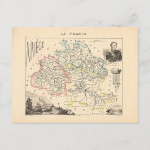 Postal Mapa de Ariege Department, Francia, 1858