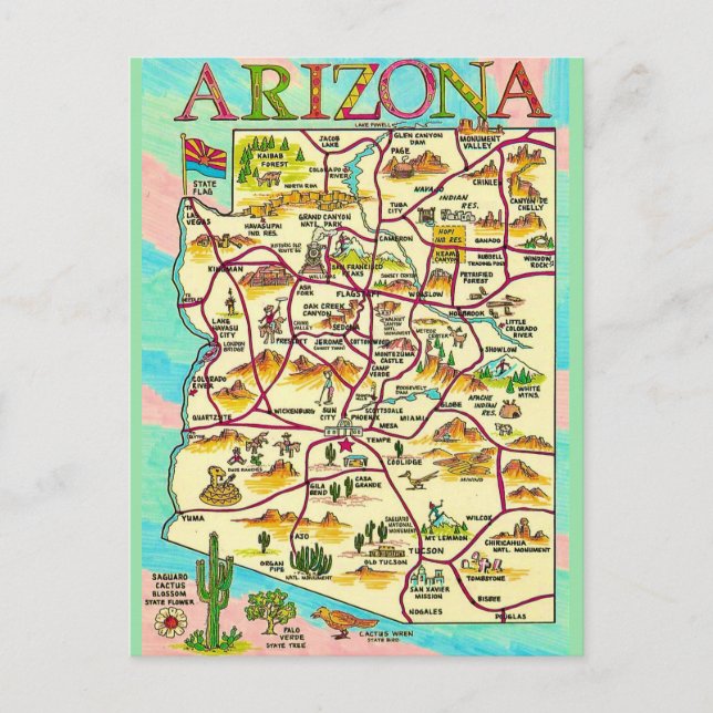 Postal Mapa de Arizona Ilustrado Colorido (Anverso)