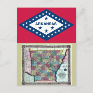 Postal Mapa de Arkansas y bandera estatal