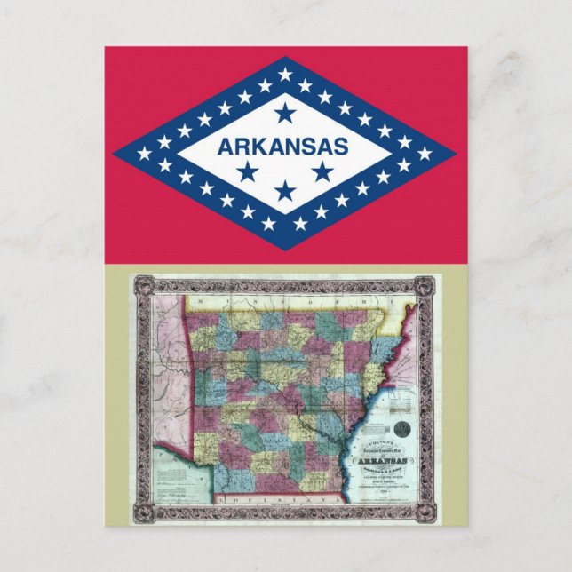 Postal Mapa de Arkansas y bandera estatal (Anverso)