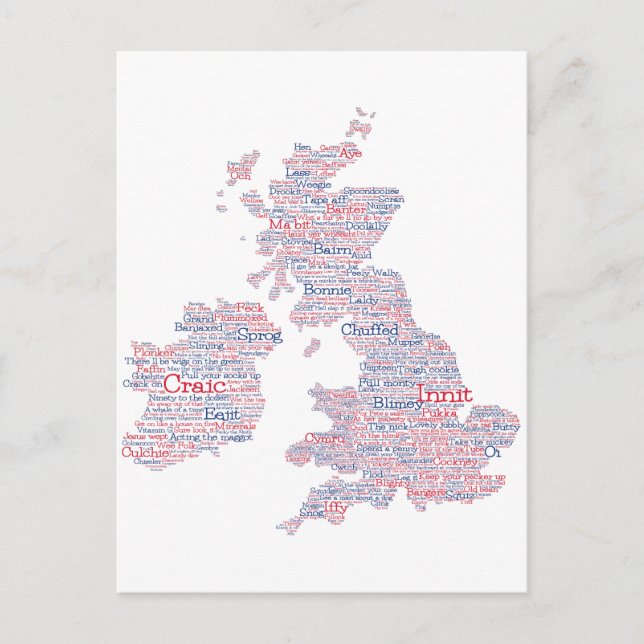 Postal Mapa de arte de palabras de jerga del Reino Unido  (Anverso)