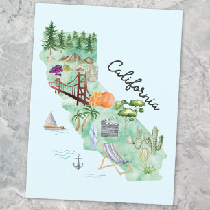 Postal Mapa de arte del estado de California en acuarela