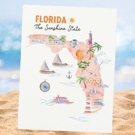 Postal Mapa de arte del estado de Florida en acuarela