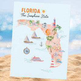 Postal Mapa de arte del estado de Florida en acuarela