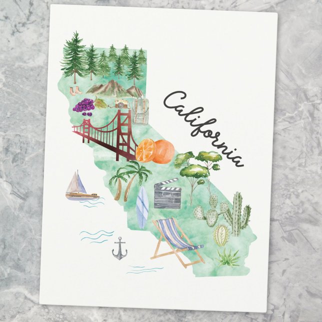 Postal Mapa de arte estatal de Watercolor California (Close up)