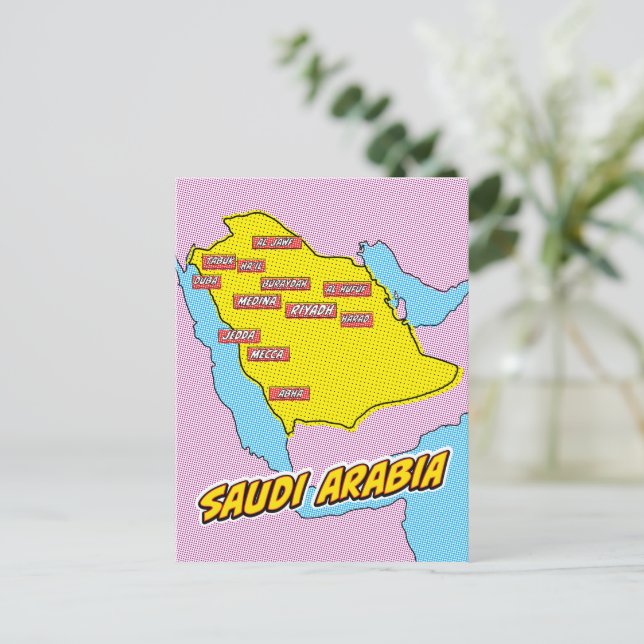 Postal Mapa de Arte Pop ilustrado de Arabia Saudita (Anverso de pie)
