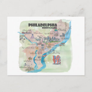 Postal Mapa de arte retro de Filadelfia Pennsylvania
