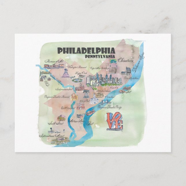 Postal Mapa de arte retro de Filadelfia Pennsylvania (Anverso)