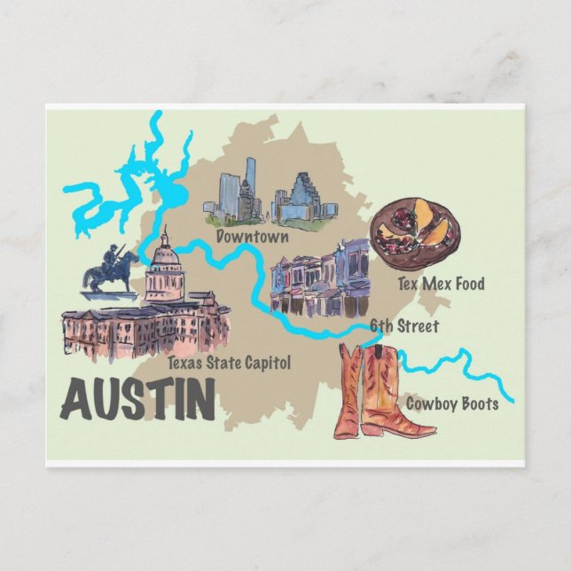 Postal Mapa de aspectos destacados de Austin Texas  (Anverso)