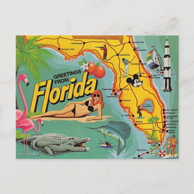 Postal Mapa de atracciones de Florida (Anverso)