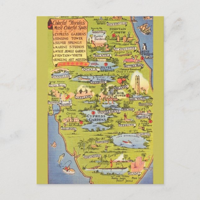 Postal Mapa de Atracciones Vintage de Florida  (Anverso)