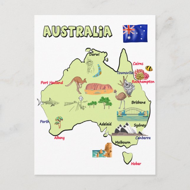 Postal mapa de Australia con las principales ciudades (Anverso)