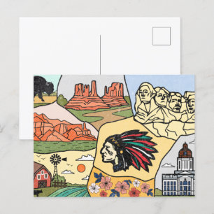 Postal Mapa de Badlands Monte Rushmore Colinas Negras Dak