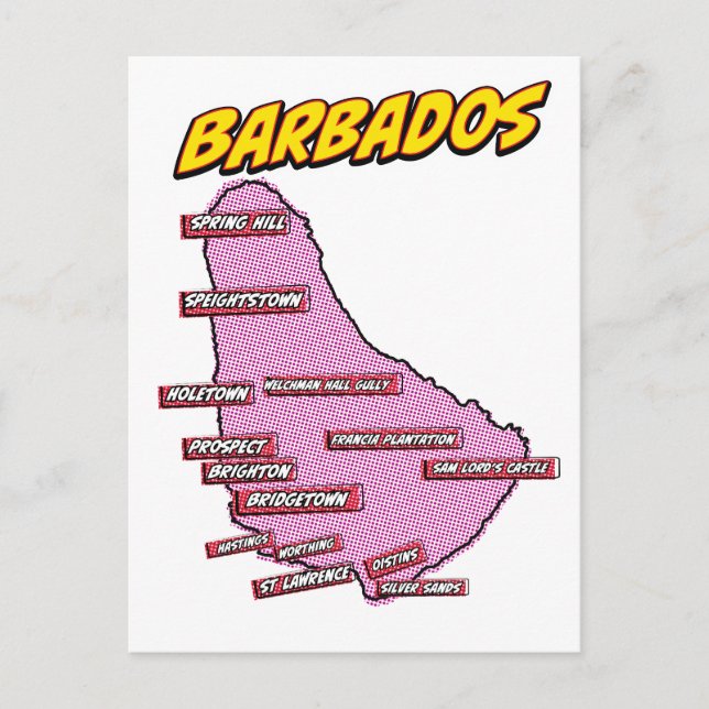 Postal Mapa de Barbados ilustrado con arte pop (Anverso)