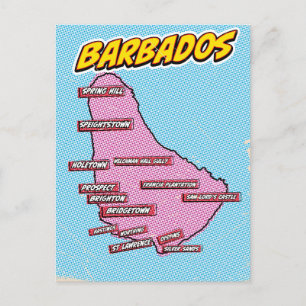 Postal Mapa de Barbados ilustrado con arte pop
