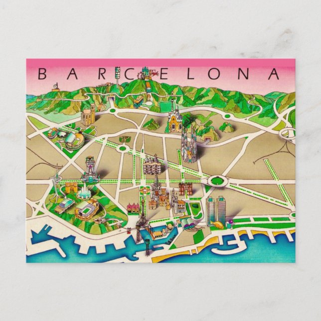 Postal Mapa de Barcelona España (Anverso)