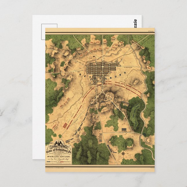 Postal Mapa de batalla restaurado de época de Gettysburg, (Anverso / Reverso)