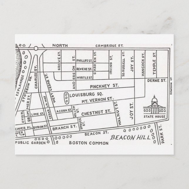 Postal Mapa de Beacon Hill de Boston (Anverso)
