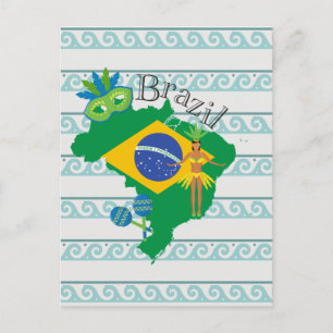 Postal Mapa de Brasil con bandera brasileña