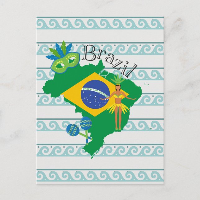 Postal Mapa de Brasil con bandera brasileña (Anverso)