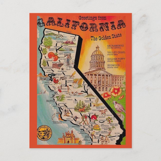 Postal Mapa de Calfornia Muy Vintage (Anverso)