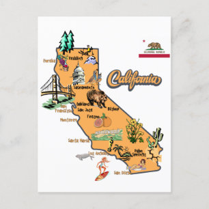 Postal Mapa de California con destinos turísticos