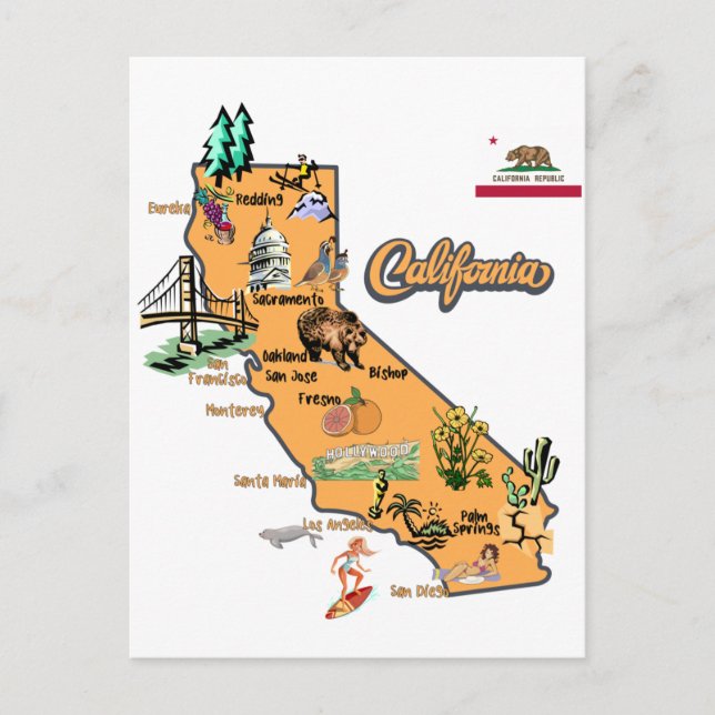 Postal Mapa de California con destinos turísticos (Anverso)