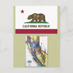 Postal Mapa de California y bandera estatal