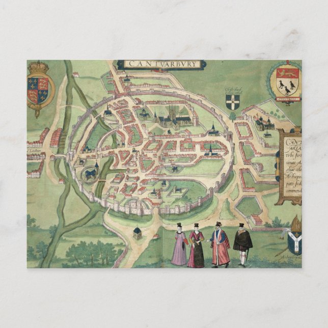 Postal Mapa de Canterbury, de 'Civitates Orbis Terrarum' (Anverso)