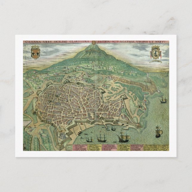 Postal Mapa de Catania, de 'Civitates Orbis Terrarum' por (Anverso)