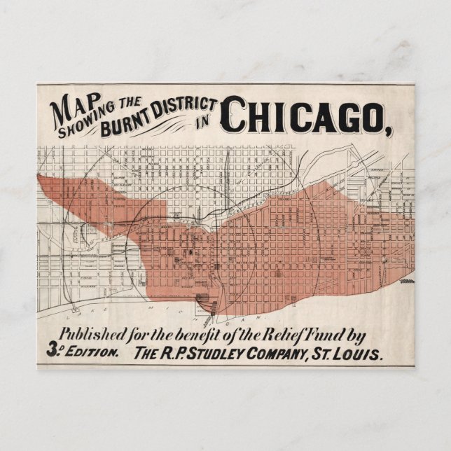 Postal Mapa de Chicago de 1871 después del incendio resta (Anverso)