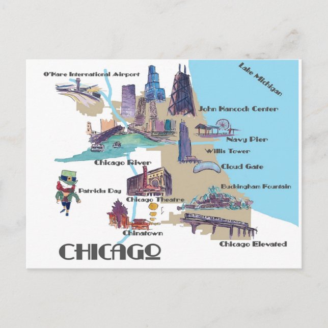 Postal Mapa de Chicago Michigan con atracciones (Anverso)