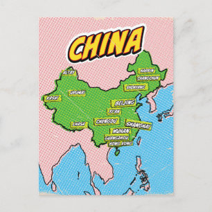 Postal Mapa de China ilustrado con arte pop