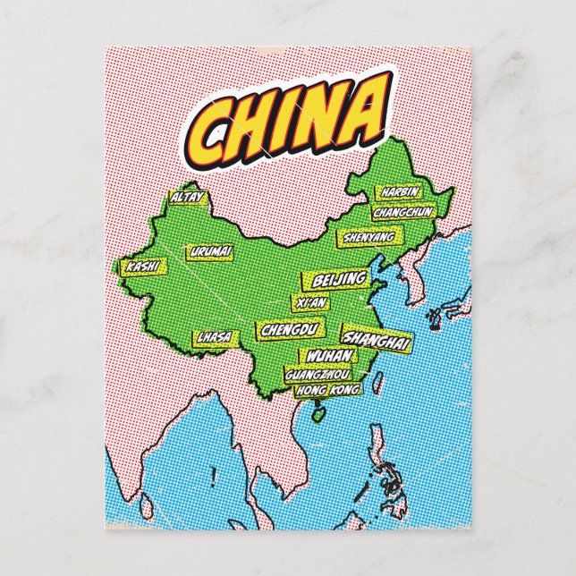 Postal Mapa de China ilustrado con arte pop (Anverso)