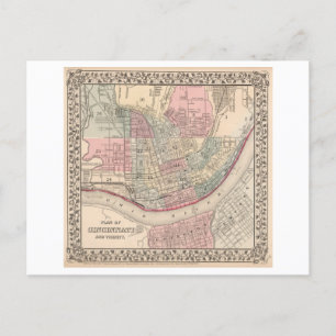 Postal Mapa de Cincinnati de la Antigüedad 1868