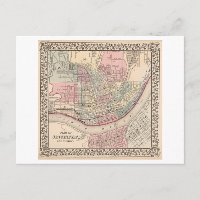 Postal Mapa de Cincinnati de la Antigüedad 1868 (Anverso)