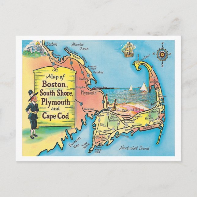 Postal Mapa de ciudades de Massachusetts (Anverso)