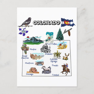 Postal Mapa de Colorado con destinos turísticos