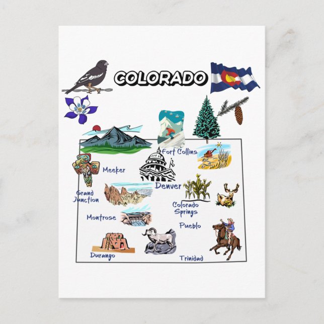 Postal Mapa de Colorado con destinos turísticos (Anverso)