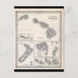 Postal Mapa de Colton de Hawái y Nueva Zelanda de 1855