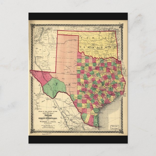 Postal Mapa de Condados de Texas y Territorio Indio (1874 (Anverso)