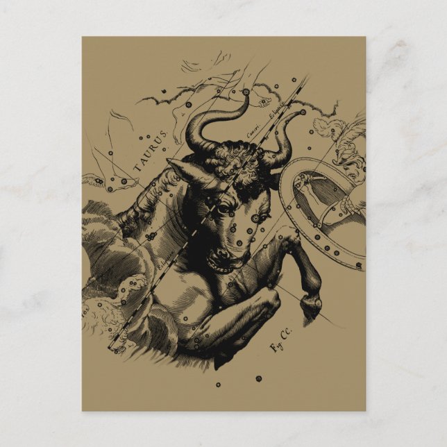Postal Mapa de Constelación de Taurus Zodiac Hevelius 169 (Anverso)