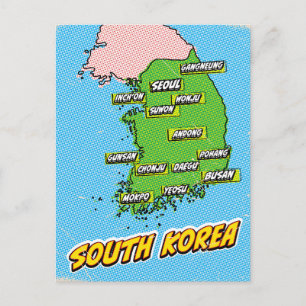 Postal Mapa de Corea del Sur ilustrado al estilo Pop Art