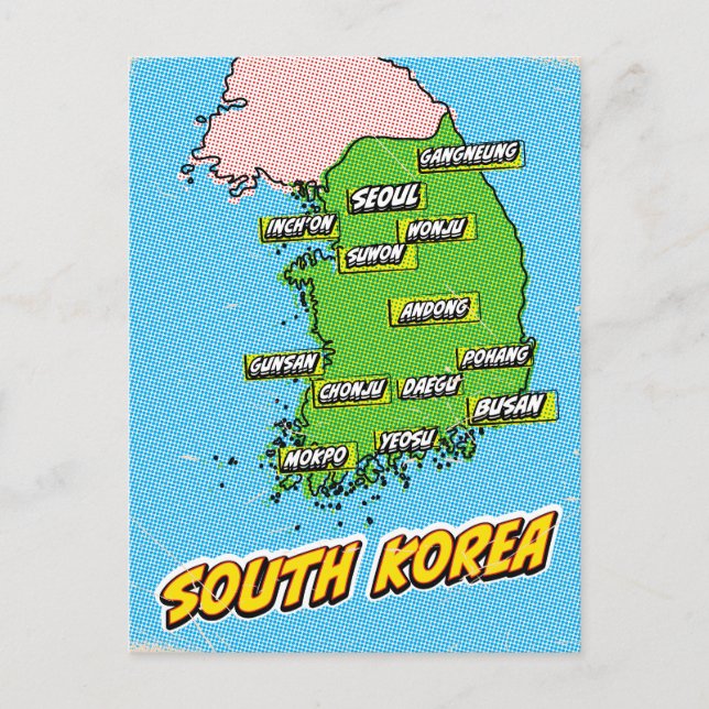 Postal Mapa de Corea del Sur ilustrado con arte pop (Anverso)