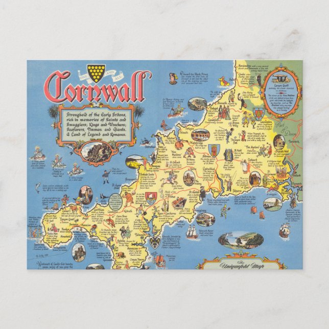 Postal Mapa de Cornwall, Inglaterra (Anverso)